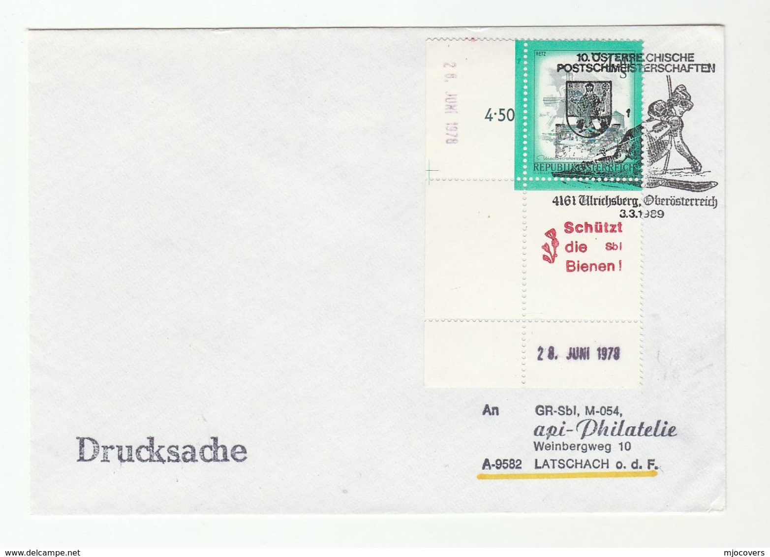 1989 Ulrichsberg Austria SKIING EVENT COVER Sport Ski Stamps Save The Bees Bee Insect Label - Skiing