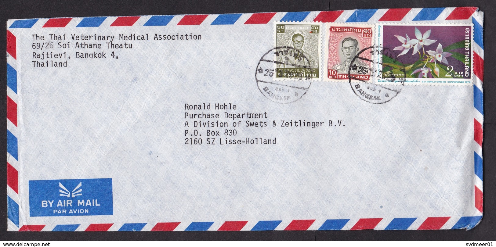 Thailand: Airmail Cover To Netherlands, 3 Stamps, Orchid Flower, 2 Different Series King (traces Of Use) - Thailand