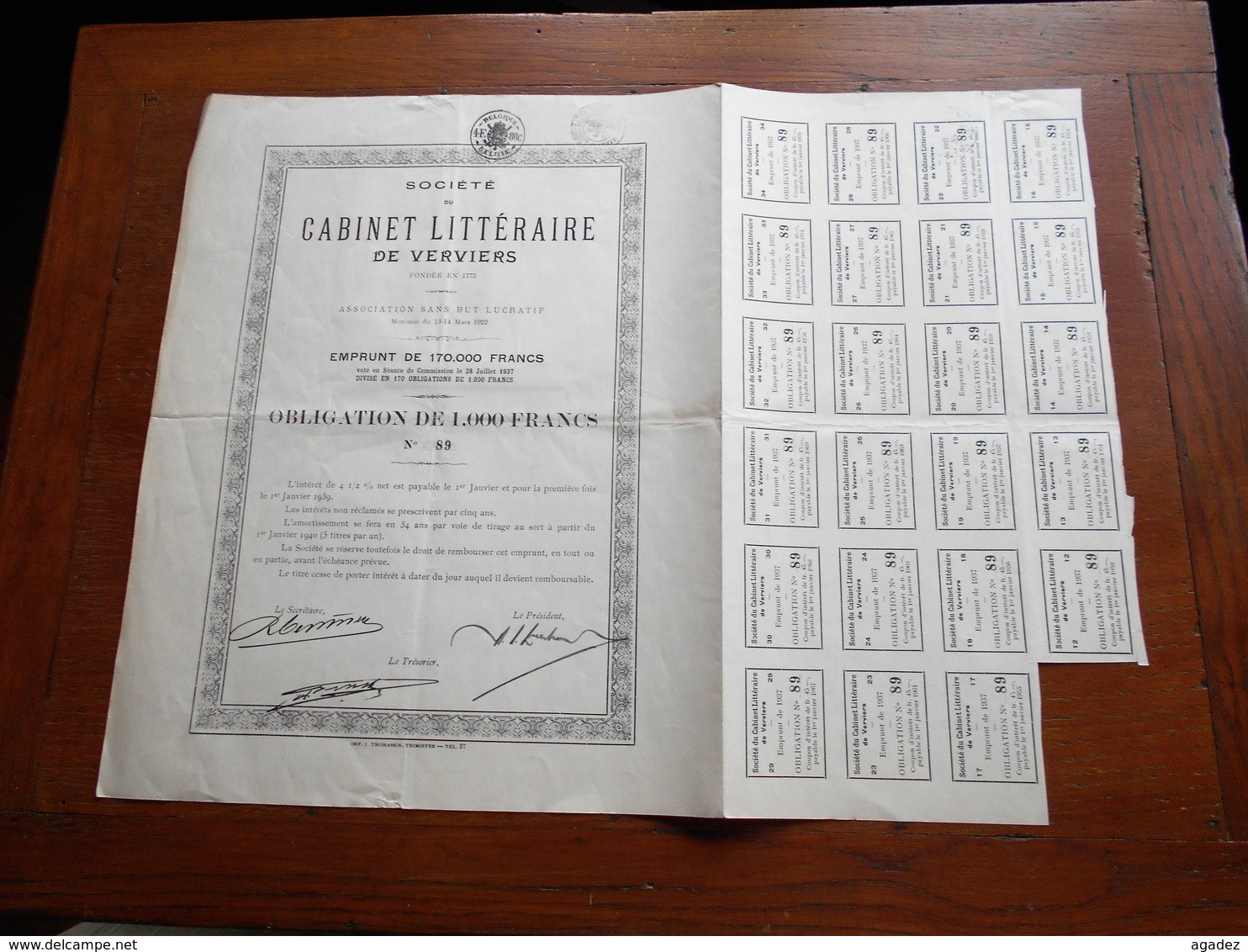 Cabinet Littéraire De Verviers 1937 Obligation De 1000 Francs.N°89 - Autres & Non Classés