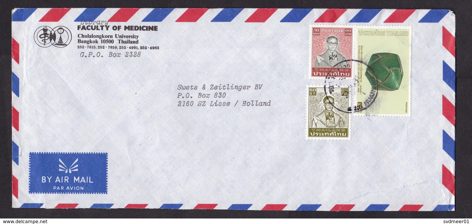 Thailand: Airmail Cover To Netherlands, 3 Stamps, Letter Writing Week, Crafts, King (damaged) - Thailand