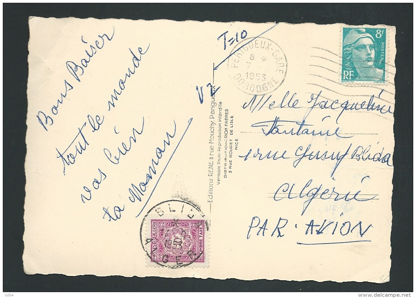 Cpa De  Périgueux  Pour Blida En Sept 1953 Taxe Yvert N° 43  -  Mald5802 - Strafport