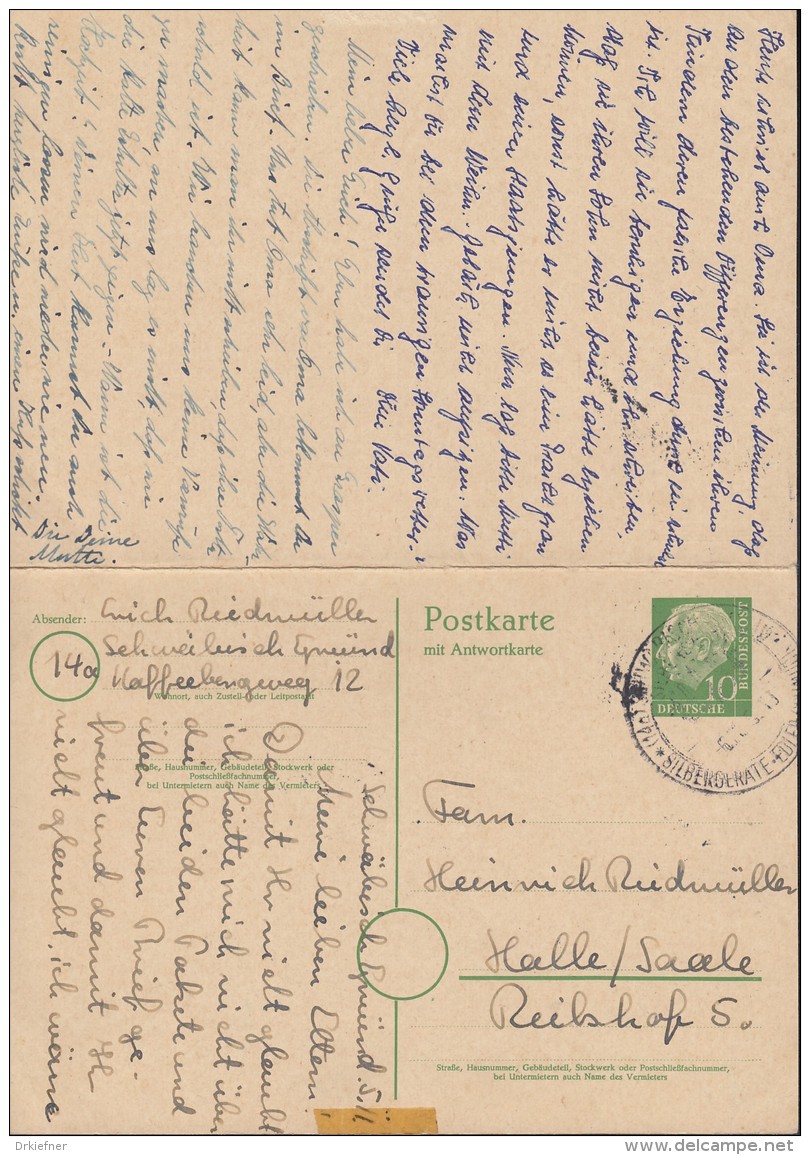 BRD P 21 F+A, Gestempelt: Schwäb Gmünd 6.11.1956, Halle Saale 19.11.1956, Heuss 1954 - Postcards - Used