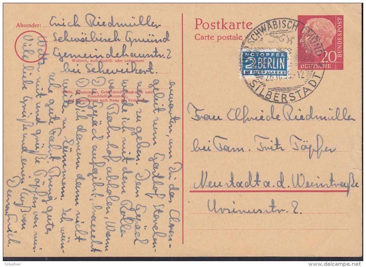 BRD P 20, Gestempelt SoSt: Schwäb Gmünd Silberstadt 26.10.1955, Heuss 1954 - Postkarten - Gebraucht
