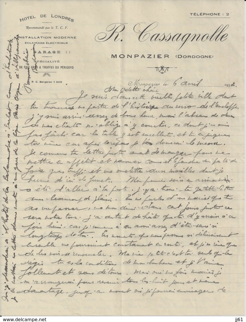 MONPAZIER R CASSAGNOLLE HOTEL DE LONDRES GARAGE ECLAIRAGE ELECTRIQUE FOIE GRAS TRUFFES DU PERIGORD ANNEE 1932 - Autres & Non Classés