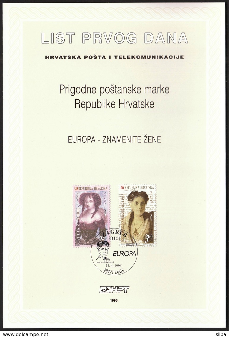 Croatia 1996 / Europa CEPT / Famous Women, Zuzoric, Mazuranic / First Day Sheet / ETB - Croatie