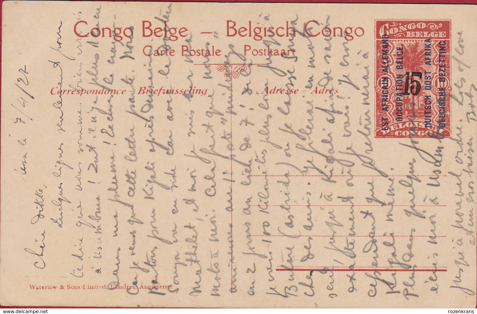 Belgisch Congo Belge Surchargé Est Africain Allemand Occupation Duitsch Oost Afrika Belgische Bezetting Obliteration - Lettres & Documents