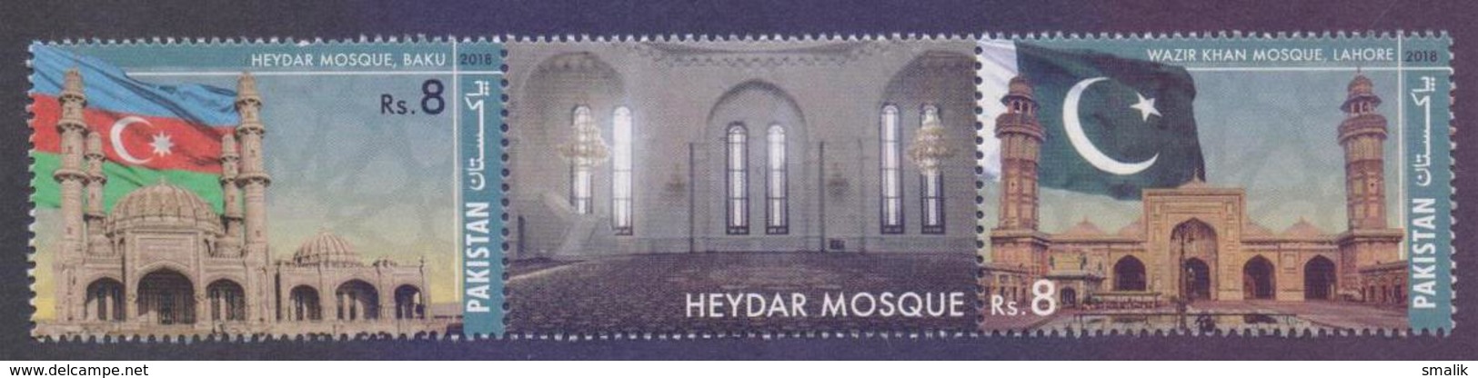 PAKISTAN 2018, Joint Issue With Azerbaijan, Mosque, Islam, Flags, MNH Complete Set Stamps With Gutter, Heydar Mosque - Pakistan