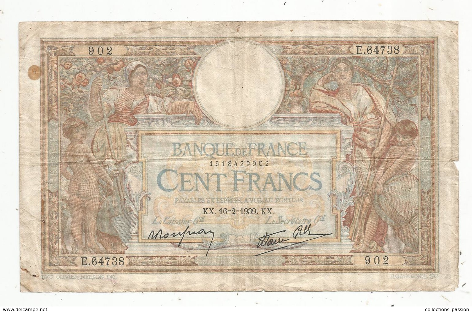 Billet , Cent Francs, 100 , 10-2-1939 , LUC OLIVIER MERSON , 2 Scans, Frais Fr 1.55 E - 100 F 1908-1939 ''Luc Olivier Merson''