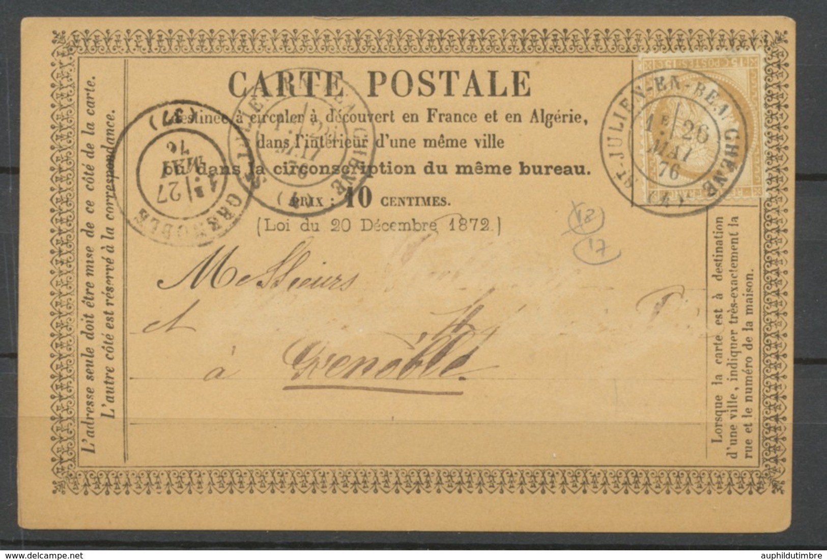 1876 CP 15c Obl CAD T17 St-JULIEN-EN-BEAUCHENE HAUTES-ALPES(4) Ind 18. X2569 - 1877-1920: Semi Modern Period