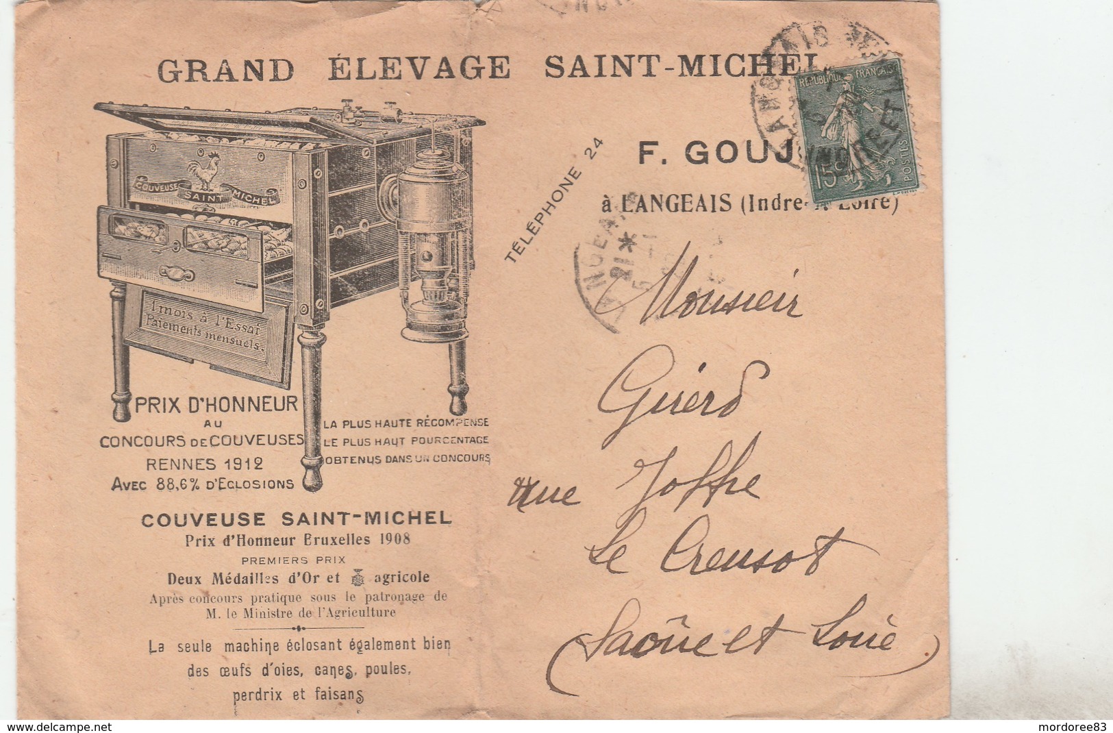 SEMEUSE 15C SUR ENV ILLUSTREE ELEVAGE SAINT MICHEL GOUJON LANGEAIS 5/1/20 POUR LE CREUSOT -                      TDA269A - 1877-1920: Periodo Semi Moderno