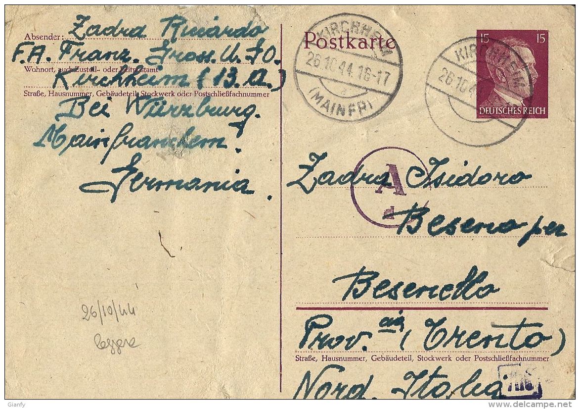 PRIGIONIERO LAVORATORE WERKLAGER KIRCHHEIM GERMANY 1944 X BESENELLO - Poste Militaire (PM)