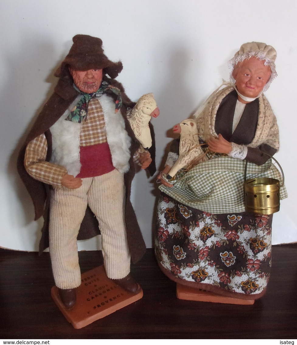 Ancien Couple De Santons De Provence Signes Claude Carbonel - Berger Et Bergere - Santons