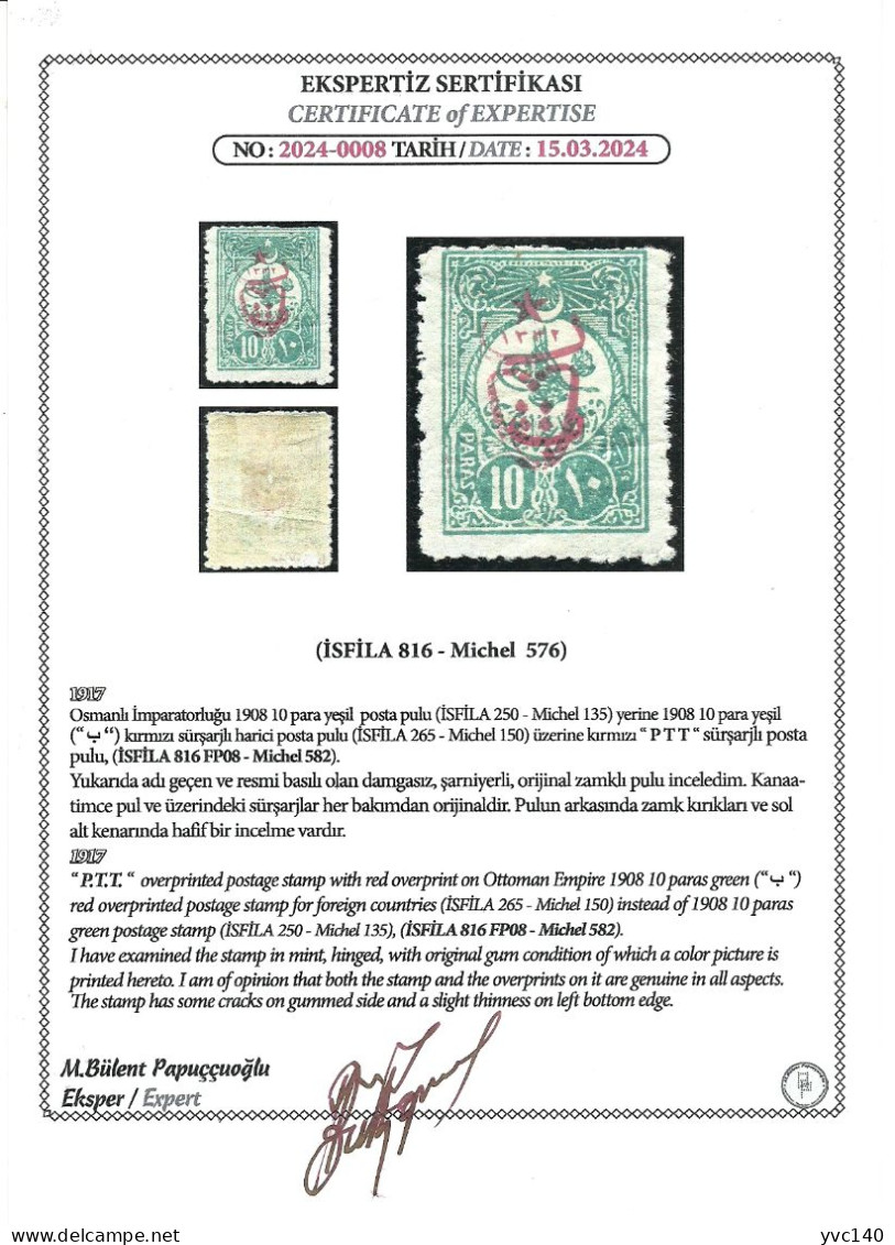 Turkey; 1917 Overprinted War Issue Stamp 10 P. ERROR "Overprint On Wrong Stamp" (Certificated) RRR - Unused Stamps