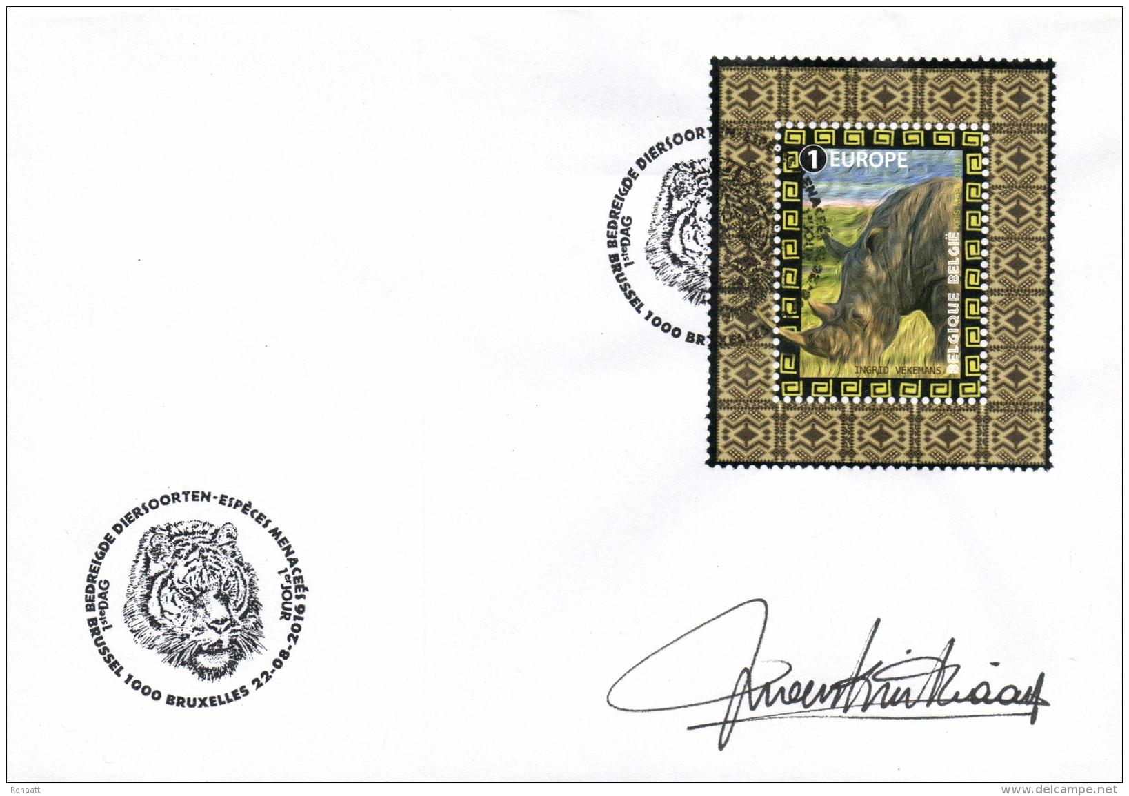 Belgium 2016 Mi. 4662 FDC Brussel Signed By Designer, White Rhinoceros - Rhinozerosse