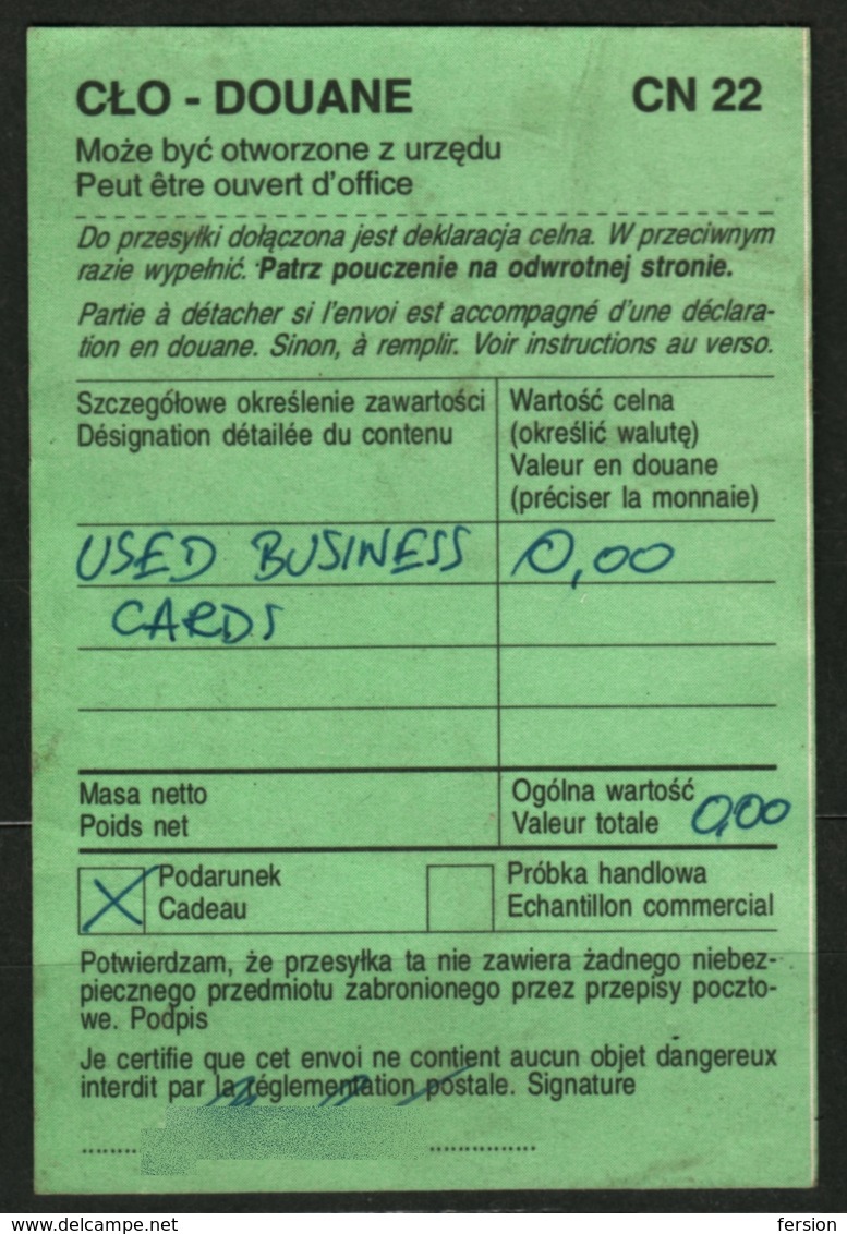 POLAND  - Customs Declaration / DÉCLARATION EN DOUANE / LABEL VIGNETTE - CN22 - Used - Dienstzegels