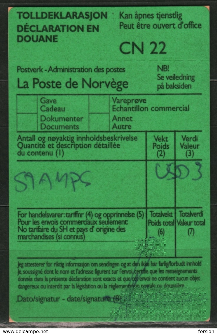 NORWAY - Customs Declaration / DÉCLARATION EN DOUANE / LABEL VIGNETTE - CN22 - Used - Colis Postaux