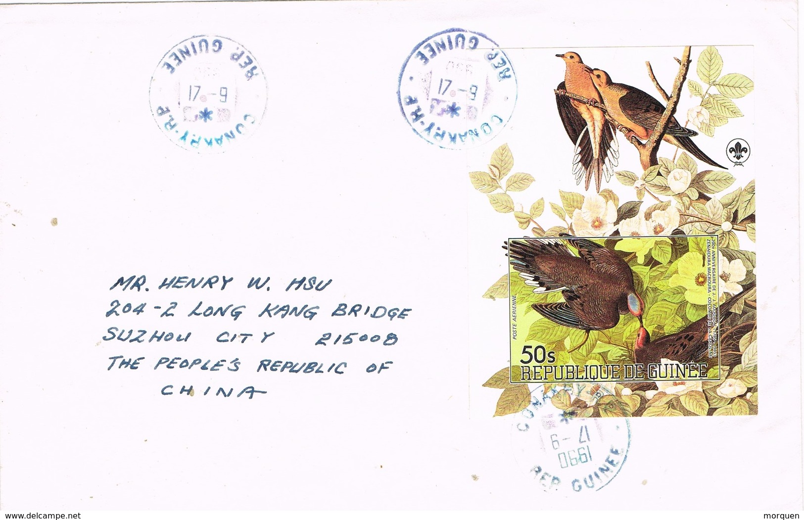 28918. Carta Aerea CONAKRY (Republica Guinea) 1990 To China. Birds, Aves - Guinee (1958-...)