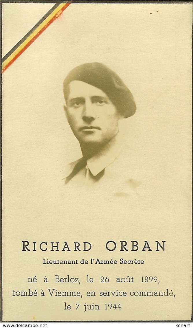 Faire -part De Déces De Richard ORBAN Né à BERLOZ Tombé à VIEMME 07/06/1944. - Décès