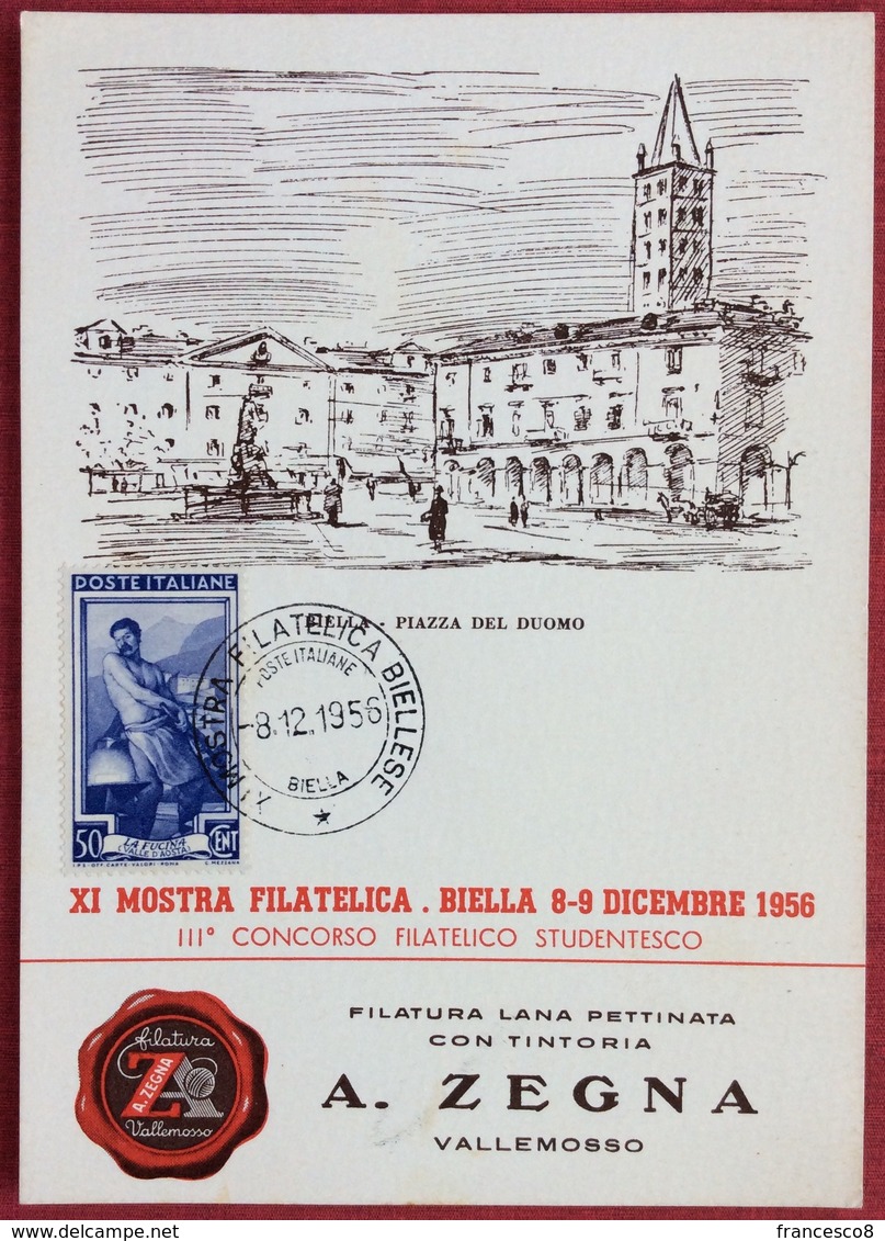 1956 BIELLA XI Mostra Filatelica Biellese III CONCORSO FILATELICO STUDENTESCO FILATURA LANA A. ZEGNA VALLEMOSSO - Francobolli (rappresentazioni)