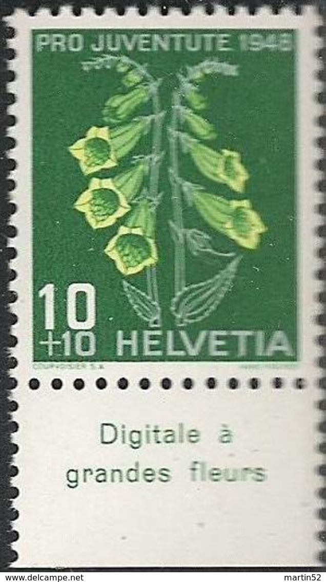 Schweiz Suisse Svizzera 1948: Pro Juventute  Zu 126 Mi 515 Yv 468 ** MNH & Tab "Digitale à Grandes Fleur" (SBK CHF 4.20) - Piante Velenose