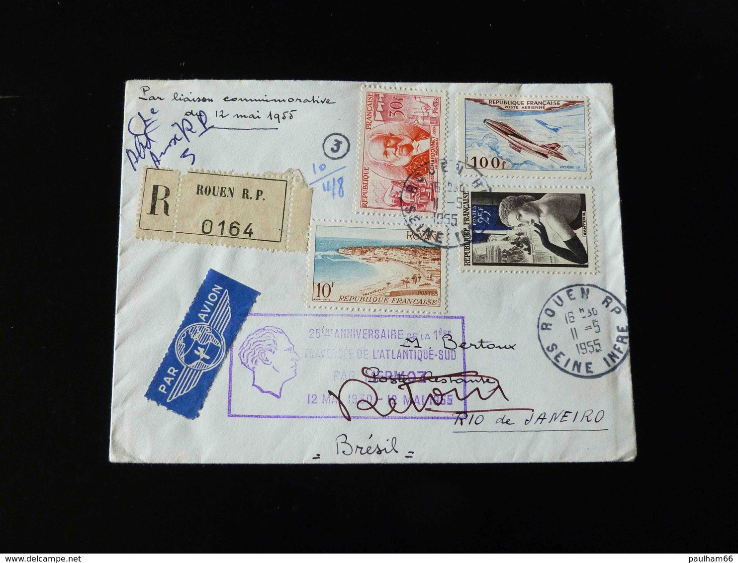 LETTRE RECOMMANDE POUR RIO DE JANEIRO ET RETOUR  25 IEME ANNIVERSAIRE TRAVERSEE ATLANTIQUE SUD PAR JEAN MERMOZ - 1927-1959 Covers & Documents