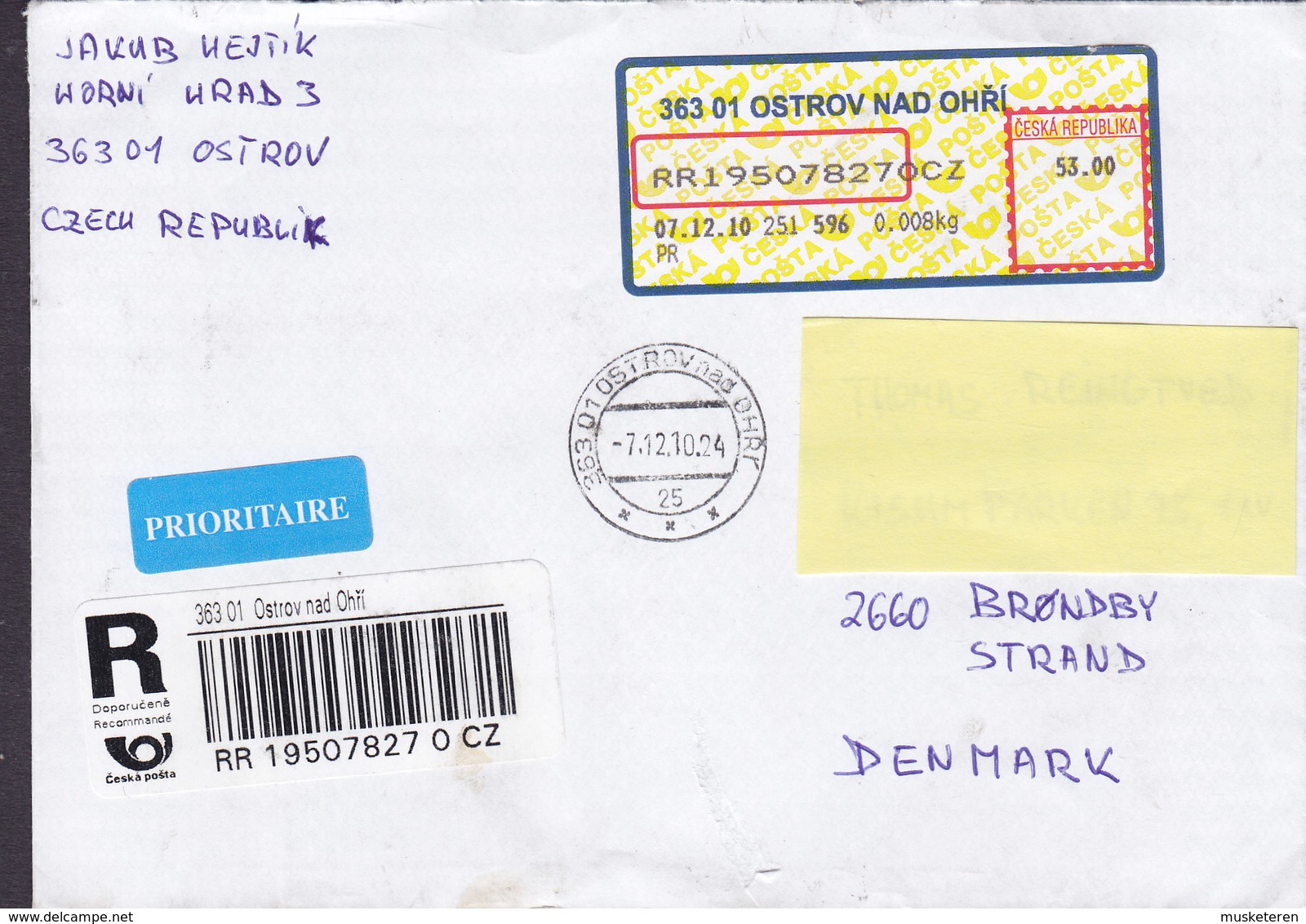 Czech Republic PRIORITAIRE & Registered Einschreiben Labels OSTRO NAD OHRI 2010 BRØNDBY STRAND Denmark - Briefe U. Dokumente