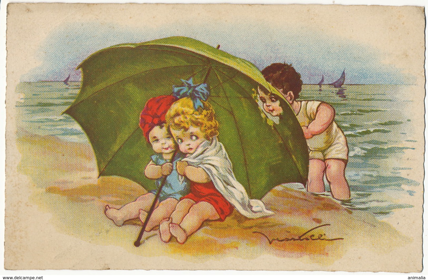 Castelli Petit Garçon Regardant Petites Filles Sur La Plage Au Travers D Un Parapluie Voyeur Umbrella - Castelli