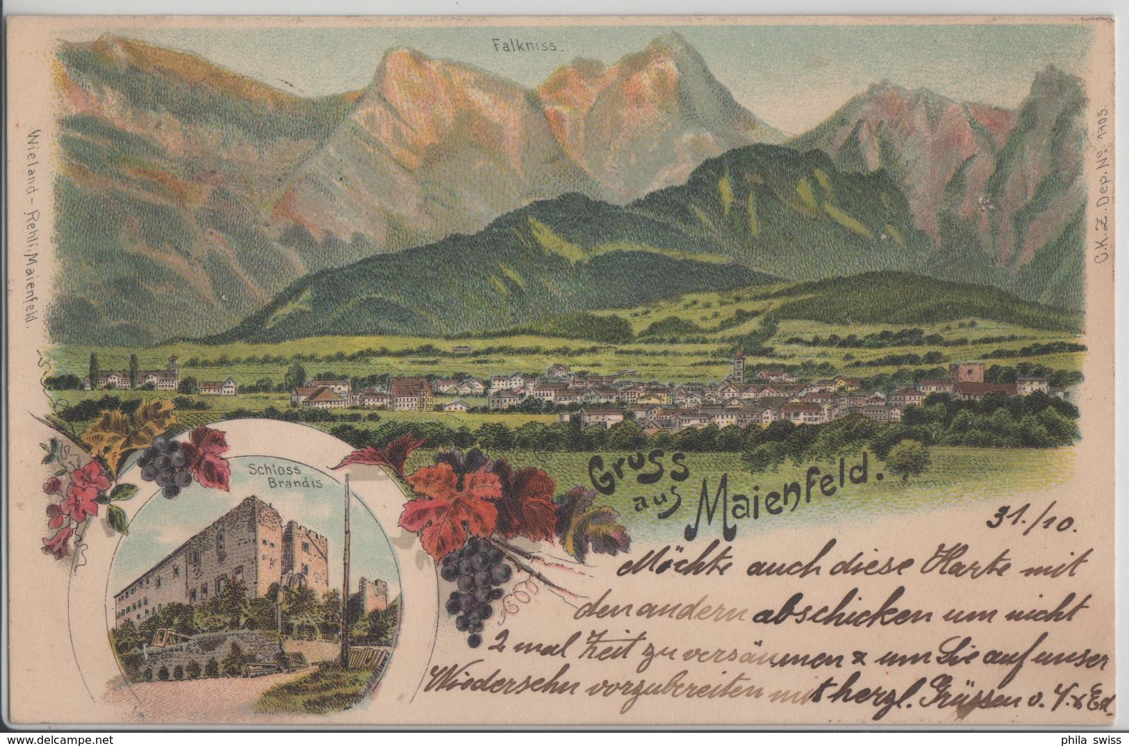 Gruss Aus Maienfeld - Schloss Brandis, Falknis, Generalansicht - Litho Carl Künzli - Maienfeld