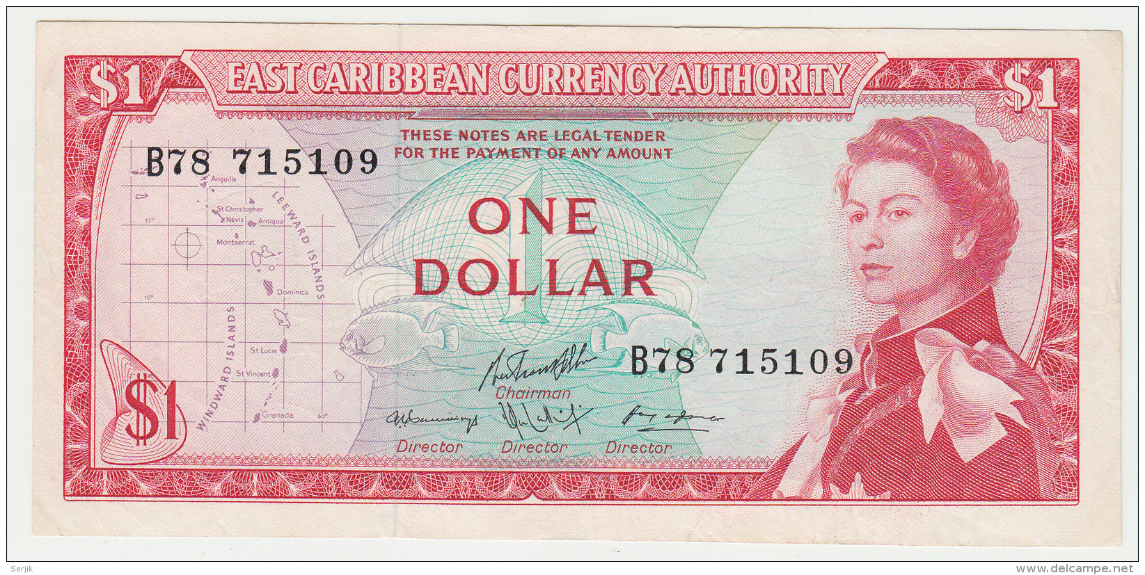 East Caribbean States 1 Dollar 1965 VF++ CRISP Banknote P 13g 13 G - East Carribeans