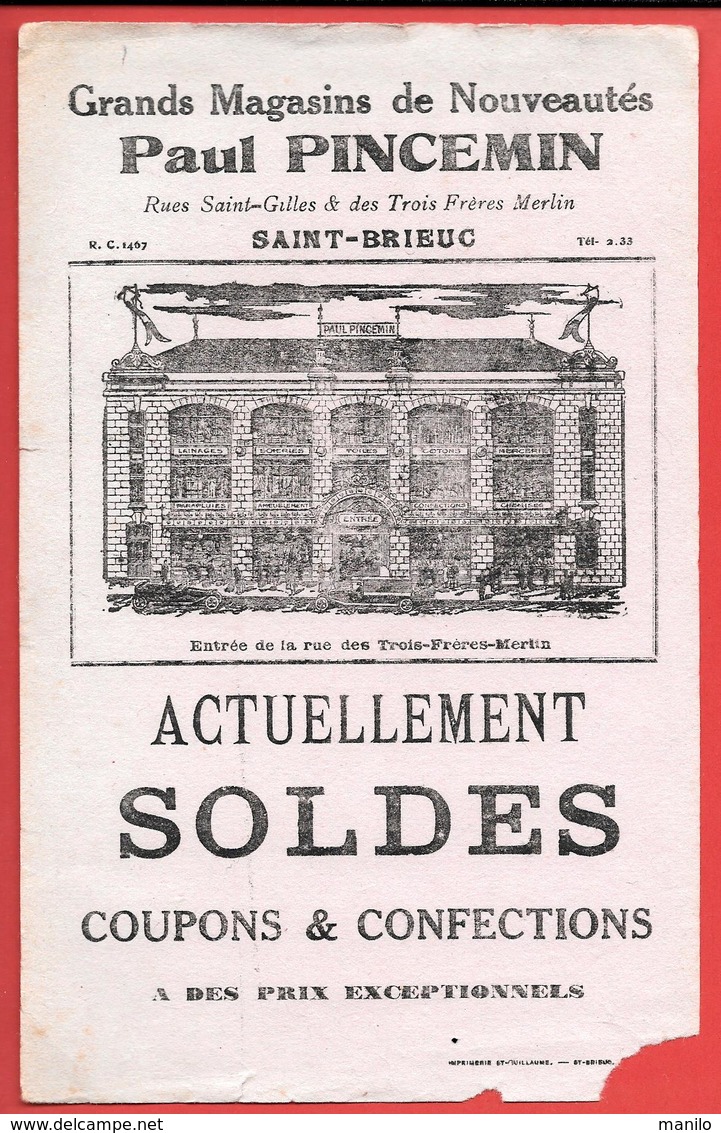 Buvard Début XXe Lithographié - GRANDS MAGASINS De NOUVEAUTES - Paul PINCEMIN à ST BRIEUC - Imp ST WUILLAUME St BRIEUC - Textile & Vestimentaire