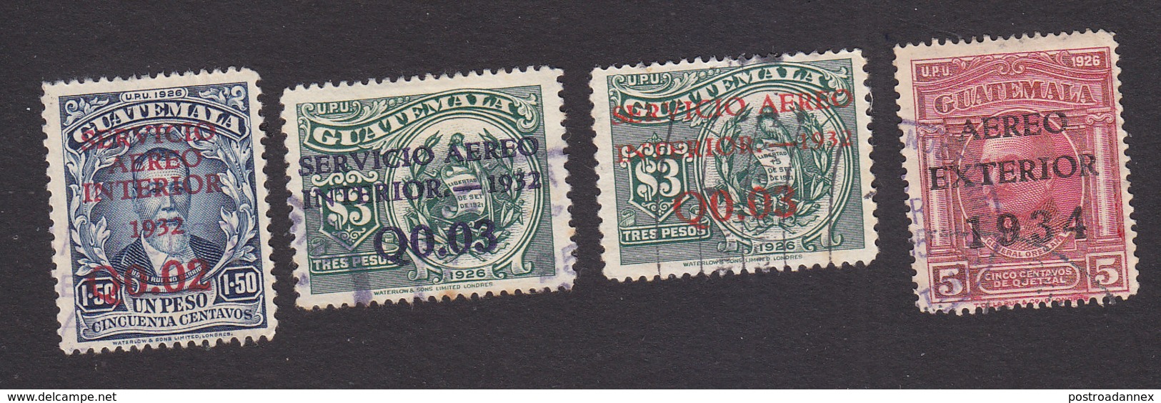 Guatemala, Scott #C20-C22, C26, Used, Regular Issues Surcharged And Overprinted, Issued 1932-34 - Guatemala