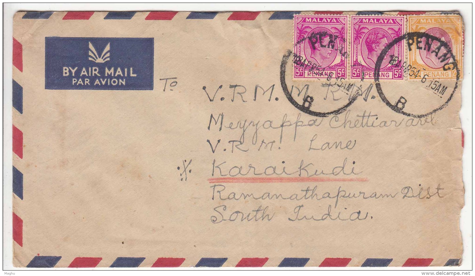 Used  Airmail Air Mail. 1954 Penang Malaya - Penang