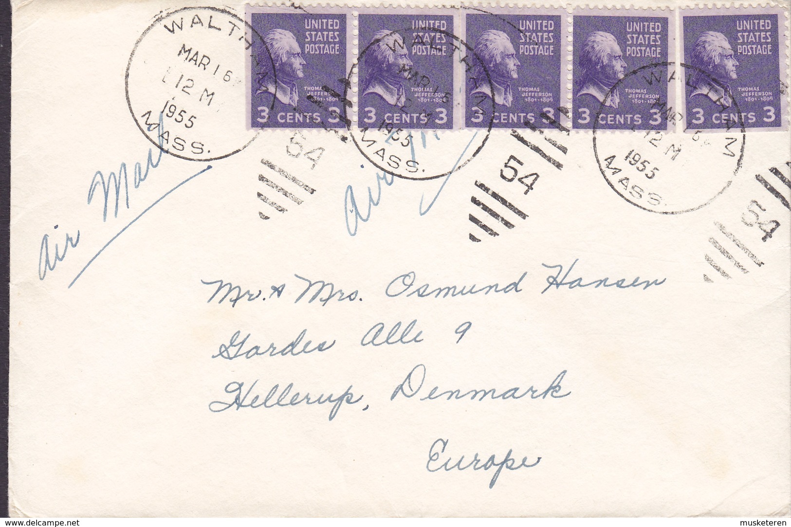 United States Air Mail WALTHAM Mass. 1955 Cover Brief HELLERUP Denmark Presidential Issue Booklet Markenheftchen Pairs - 1. ...-1940