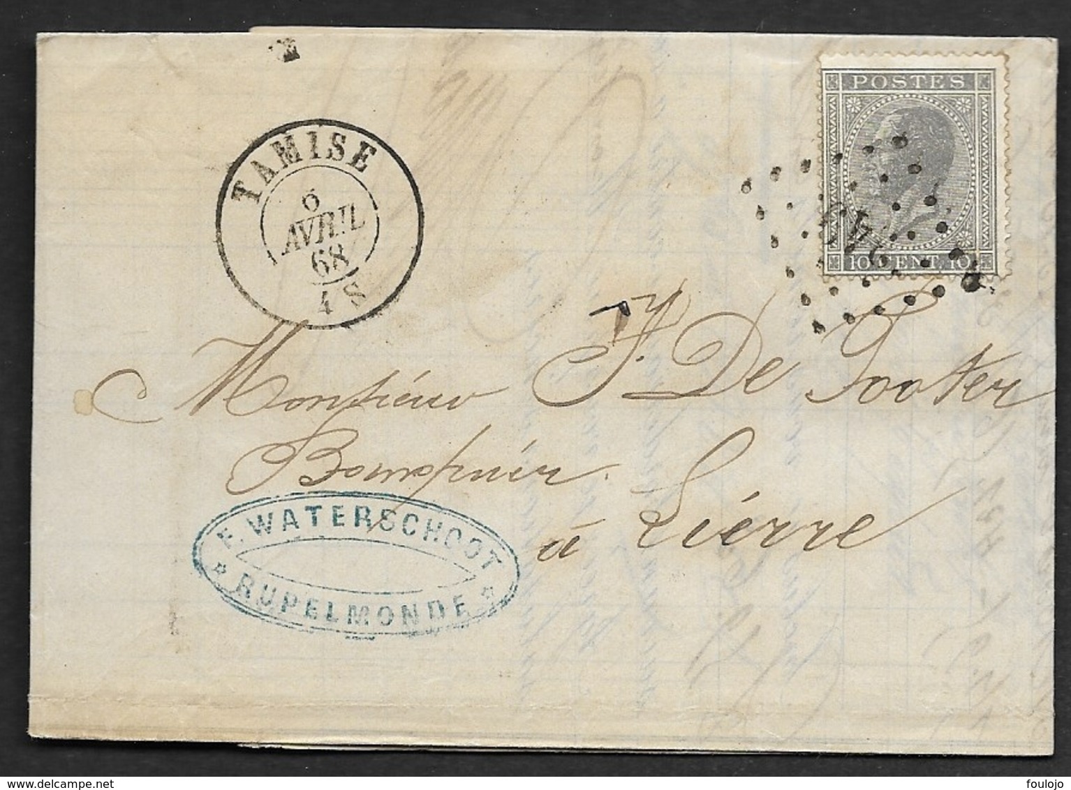 17 Sur Lettre Oblitérartion LP 349 CàD Tamise Le 6 Avril 68 Vers Lierre (Lot 571) - 1865-1866 Profil Gauche