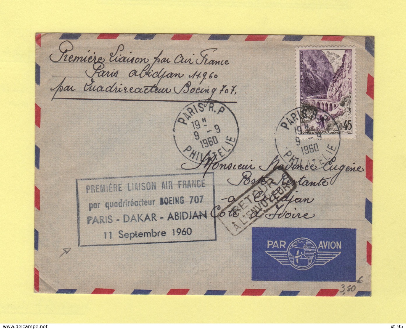 Premiere Liaison Air France - Paris Dakar Abidjan - 11 Sept 1960 - 1960-.... Storia Postale