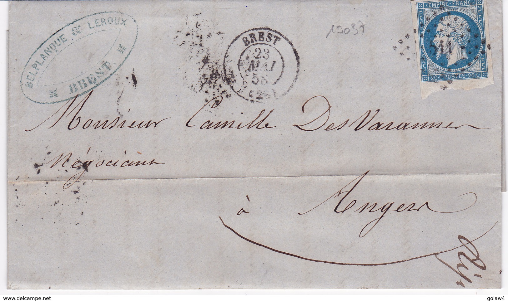 19037# FINISTERE LETTRE Obl PC + BREST 1858 T15 - 1849-1876: Période Classique