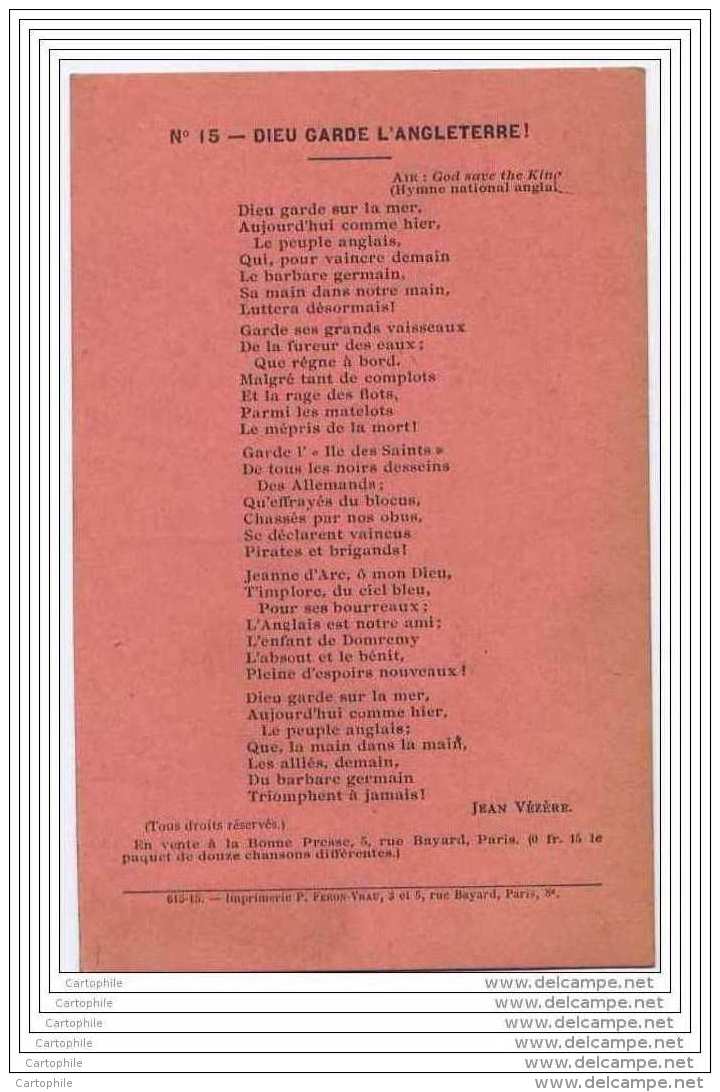 Chanson De Jean Vezere - Dieu Garde L Angleterre ! Pas Courant - Andere & Zonder Classificatie