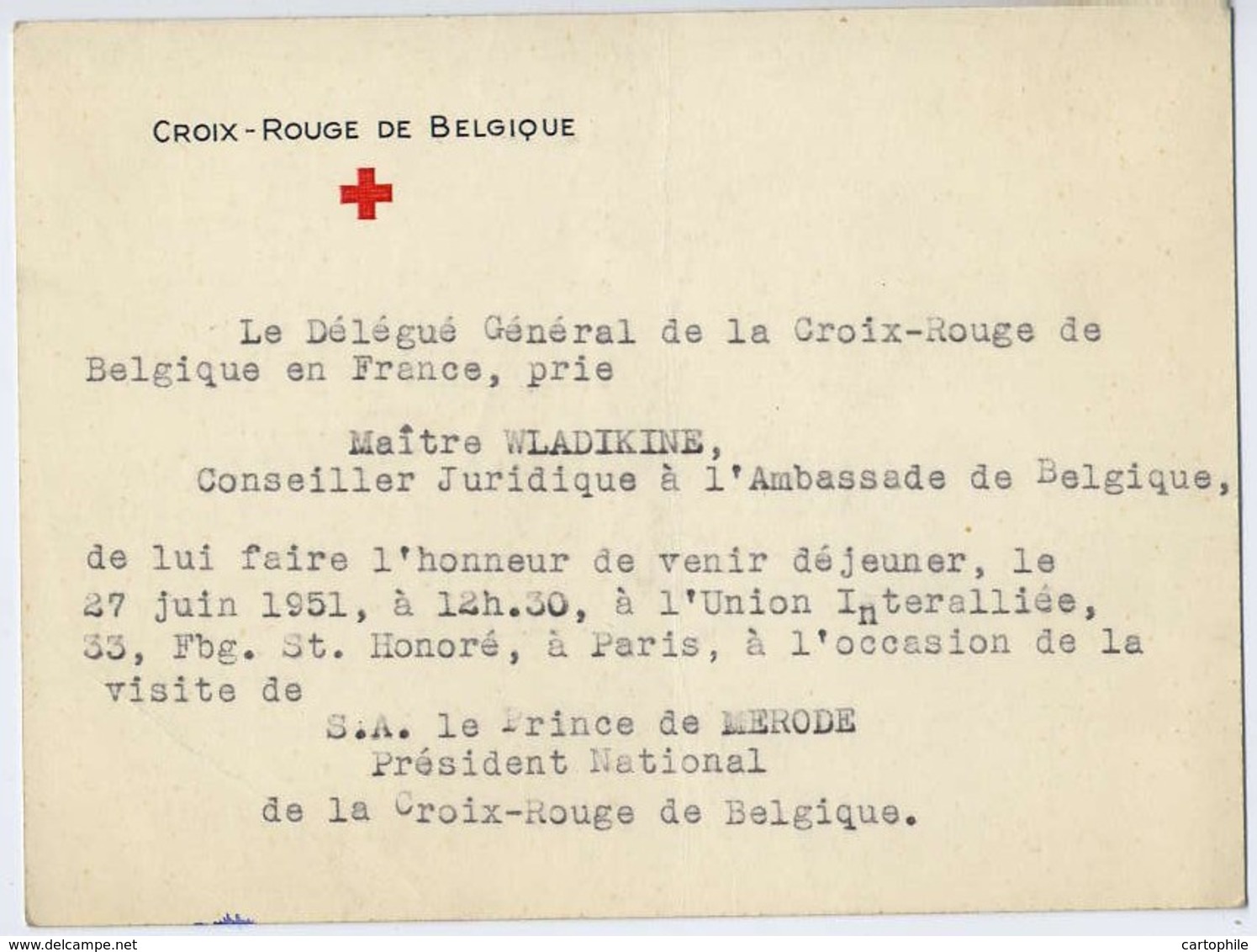 Invitation De La Croix Rouge De Belgique 1951 Pour La Visite Du Prince De Merode President De La Croix Rouge - Cartes De Visite