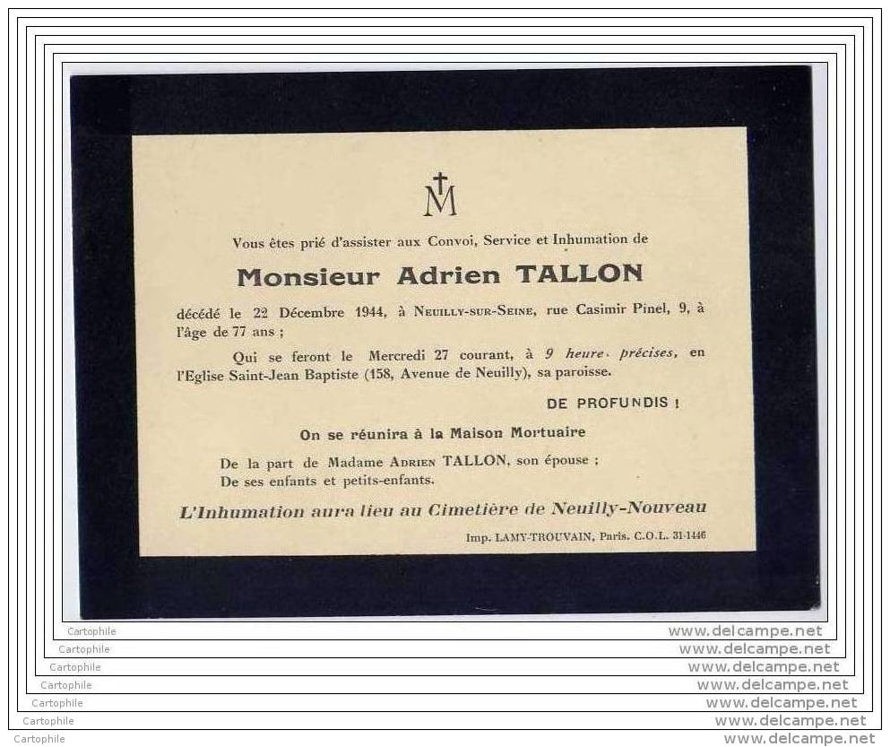 Deces Mr Adrien Tallon - 22/12/1944 A Neuilly - Other & Unclassified