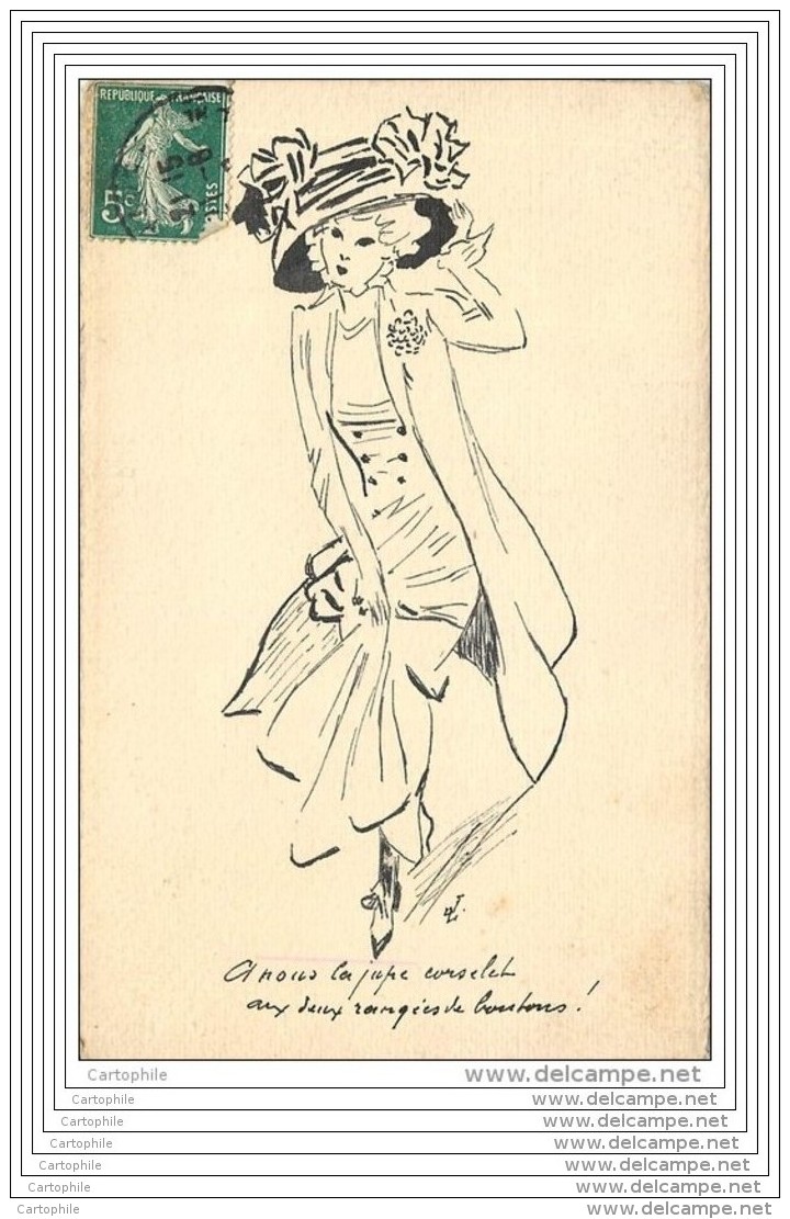 Carte Peinte A L Encre De Chine - Mode - Femme Au Chapeau Et Jupe Corselet - Paris (unique !) - Moda