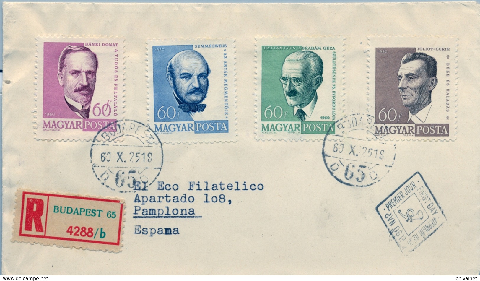 1960 , HUNGRIA , CERTIFICADO BUDAPEST - PAMPLONA , SERIE PERSONAJES - Cartas & Documentos