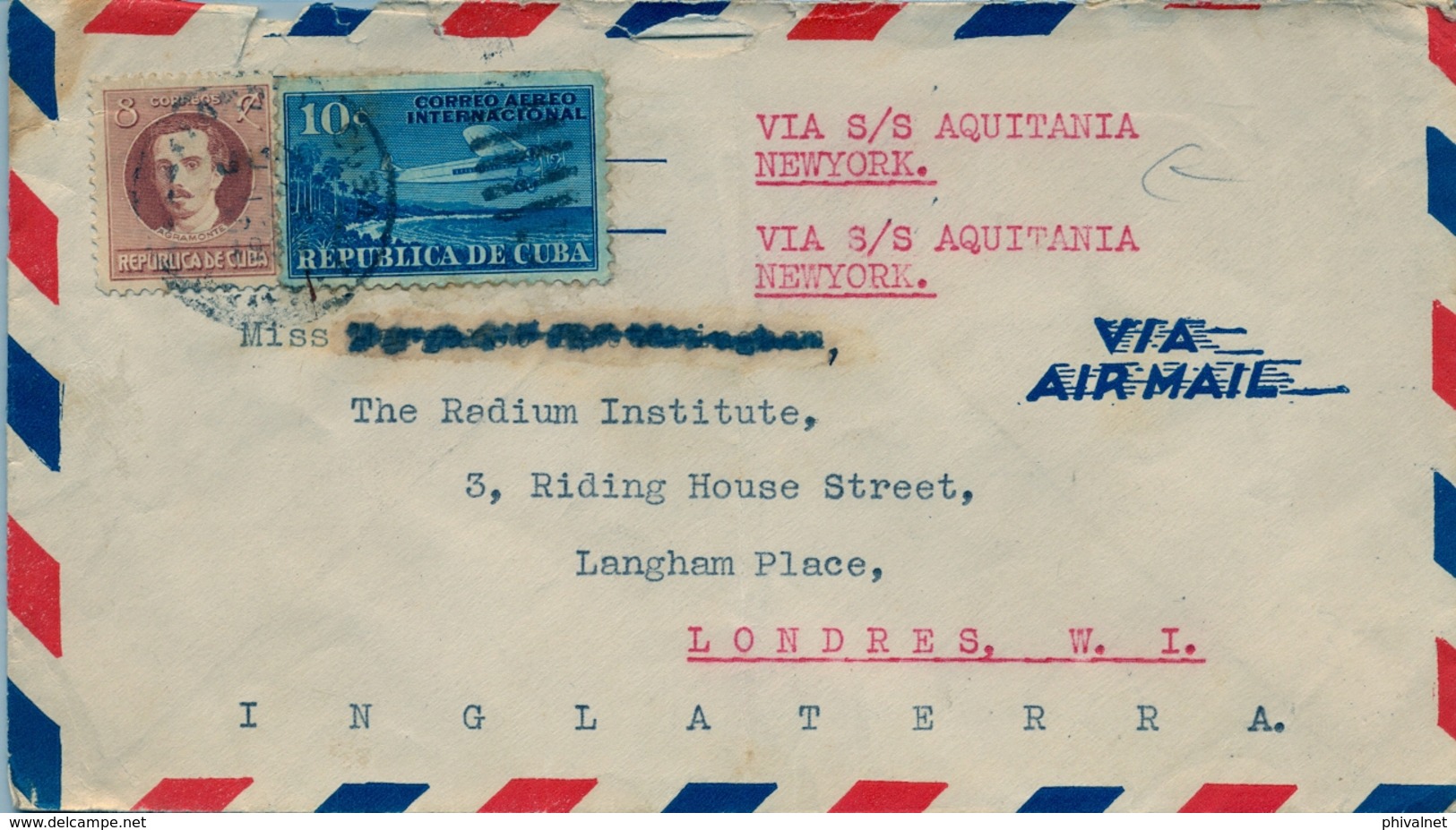 CUBA , SOBRE PARA CORREO AÉREO CIRCULADO A LONDRES VIA " S/S AQUITANIA - NEW YORK " - Lettres & Documents