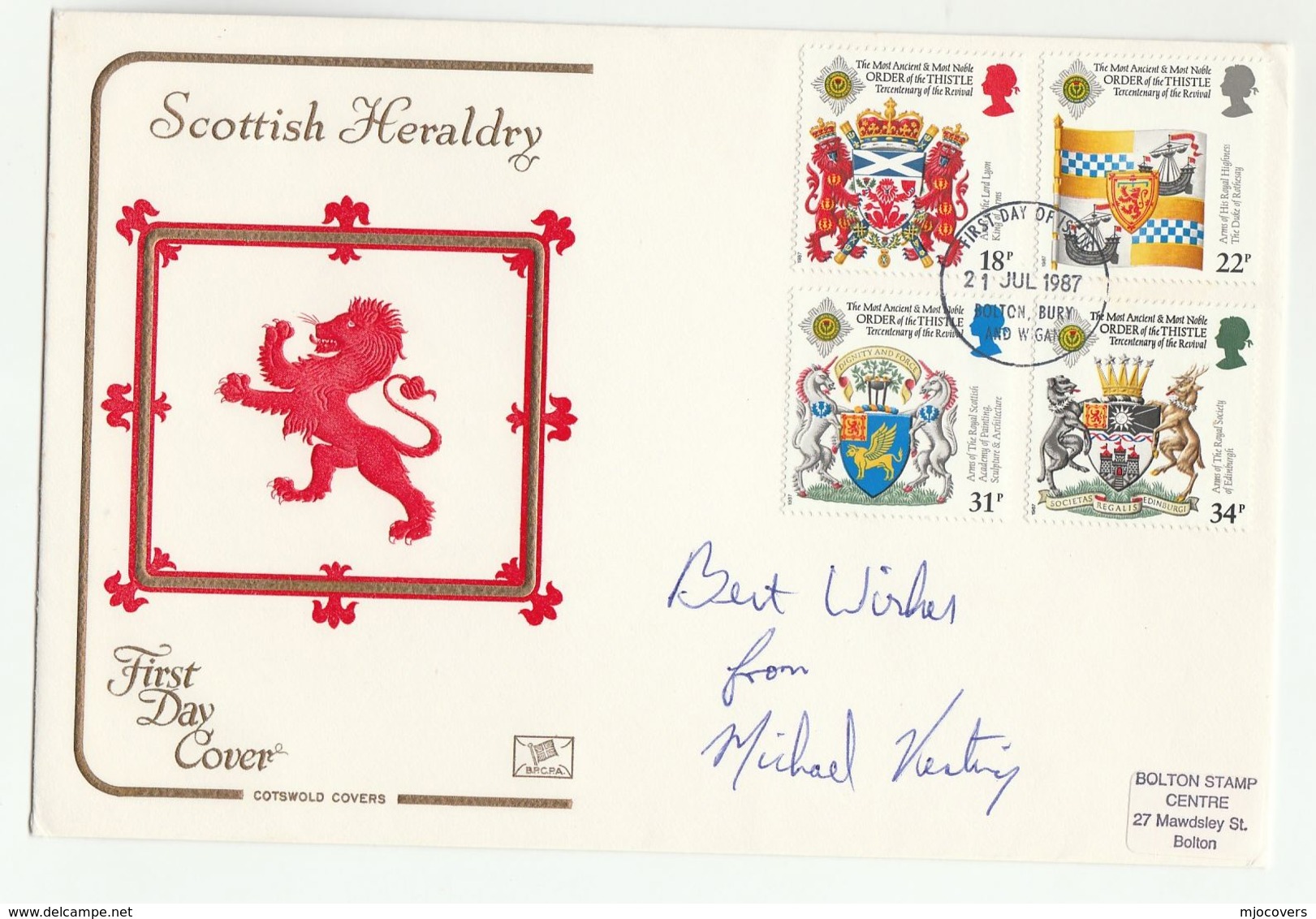 1982 Bolton GB SIGNED FDC HERALDRY Signed By Actor Michael Keating Cover Heraldic Lion Dog Unicorn Tv Television - 1981-1990 Decimal Issues
