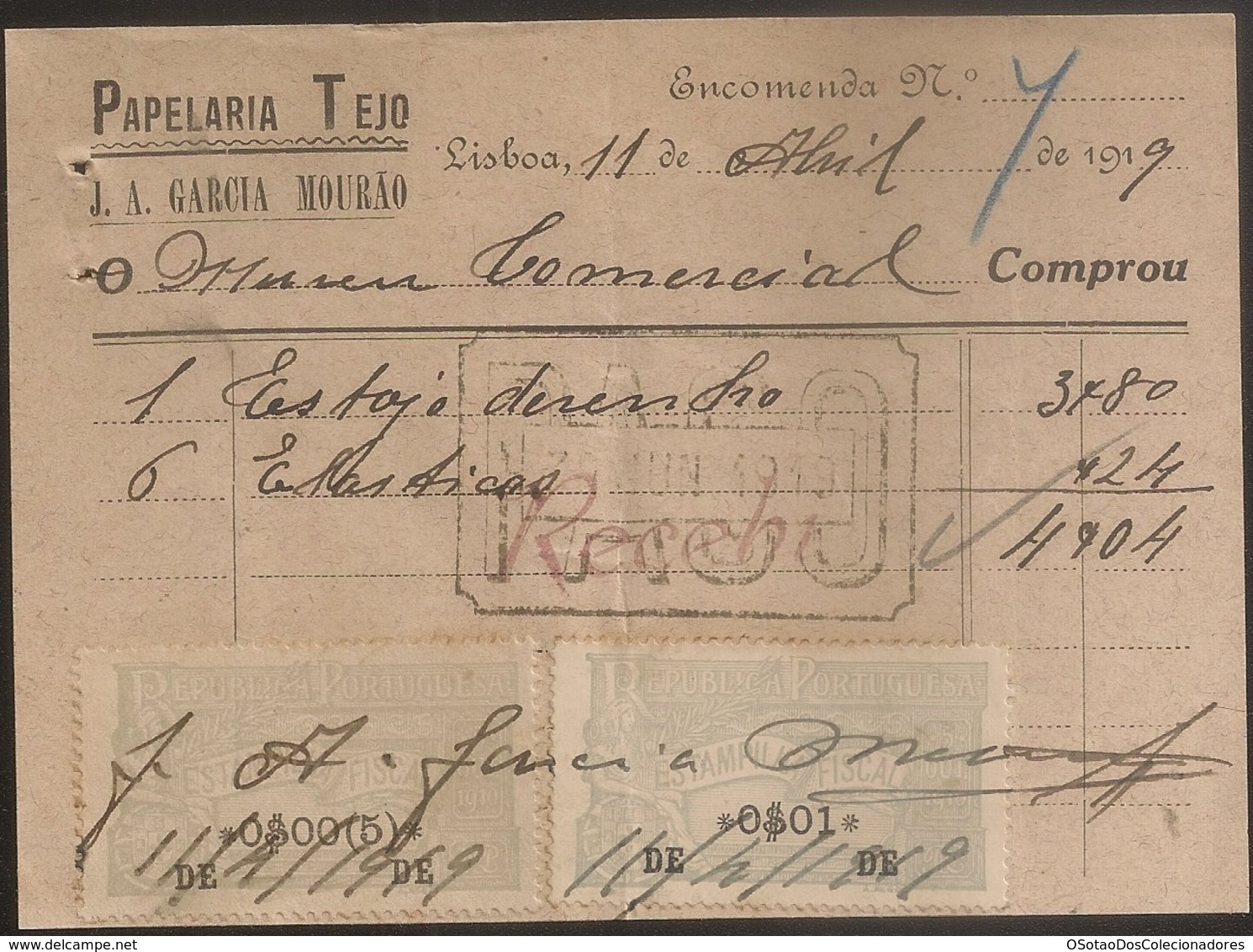 Fatura - Invoice Portugal - Lisboa 1919 - Papelaria Tejo - Vinheta Imposto Selo - Advertising - Portugal