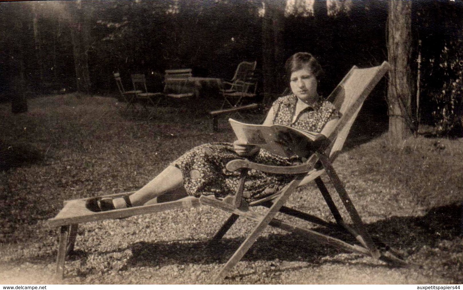 Carte Photo Originale La Femme Allongée Au Transat, En Pleine Lecture Vers 1920/30 - Lectrice Au Jardin - Pin-Ups