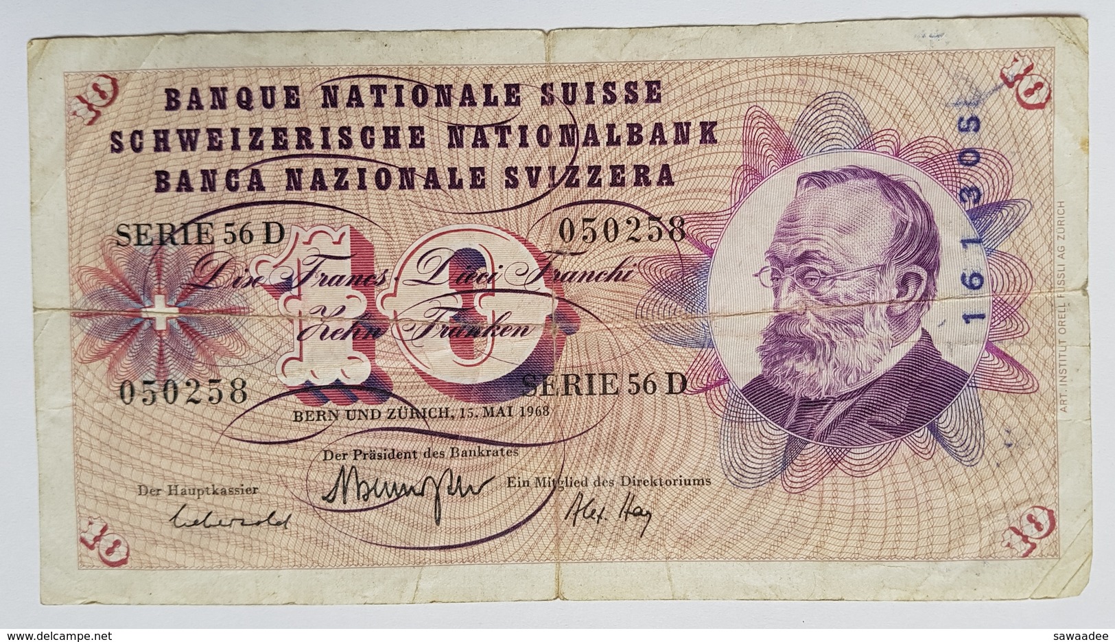 BILLET SUISSE - P.45m (signe 49) - 10 FRANCS - 13 MAI 1968 - GOTTFRIED KELLER - FLEUR ALPINE - Svizzera