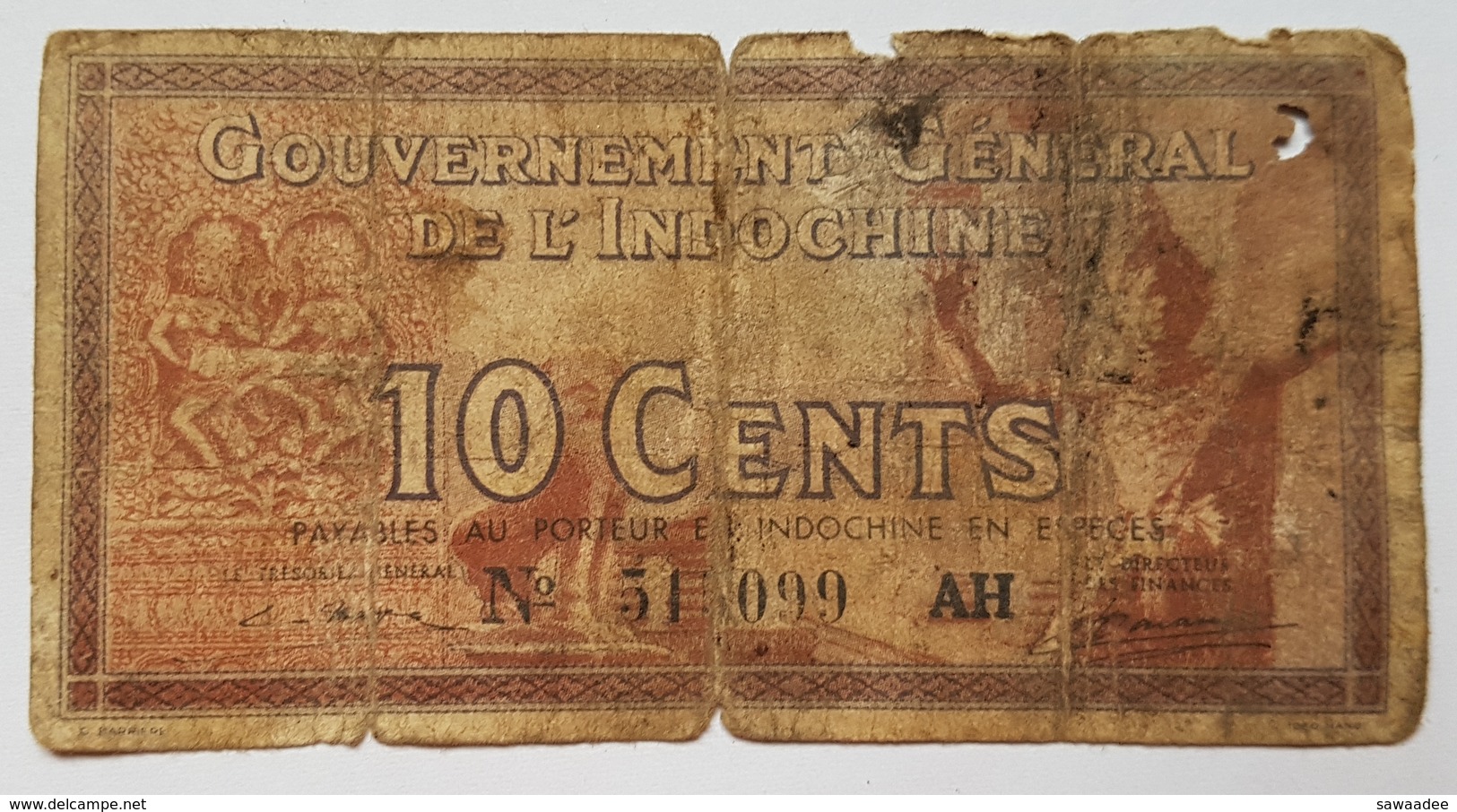 BILLET INDOCHINE - GOUVERNEMENT GENERAL DE L'INDOCHINE - P.85 -10 CENTS -VOIR SIGNATURE - ELEPHANTS - DANSEUSE - Indochine