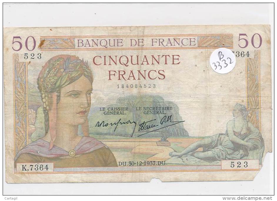 Billets -B3332- France 50 Francs 1937 (type, Nature, Valeur, état... Voir  Double Scan) - 50 F 1934-1940 ''Cérès''