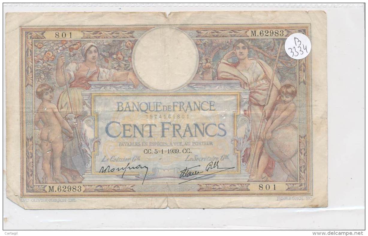 Billets -B3334- France 100 Francs 1939 (type, Nature, Valeur, état... Voir  Double Scan) - 100 F 1908-1939 ''Luc Olivier Merson''