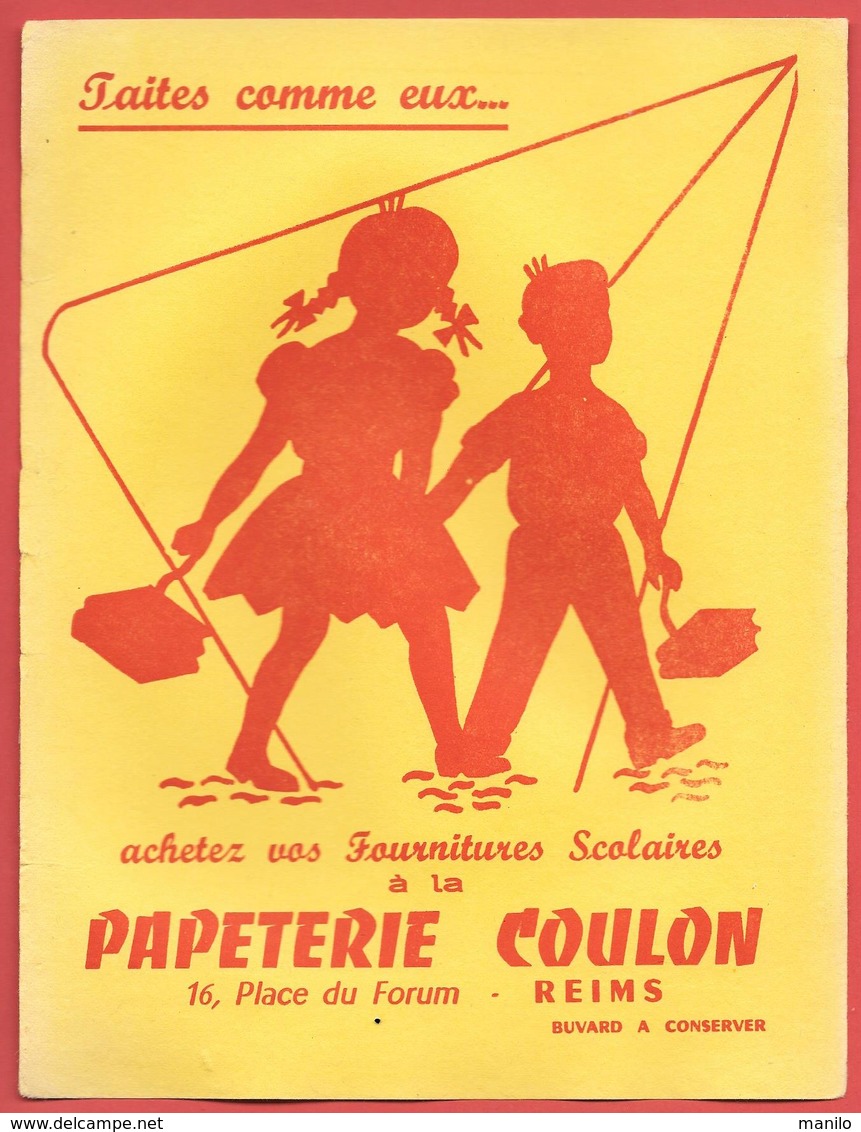 Buvard Années 50 - PAPETERIE COULON  Place Forum à REIMS (Marne) - FOURNITURES SCOLAIRES -  Illustration 2 Enfants - Papeterie